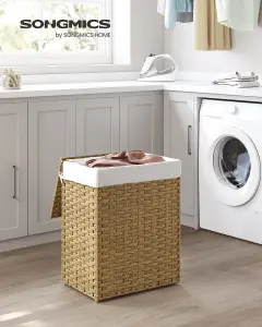 SONGMICS Laundry Basket, 90L Synthetic Rattan Storage Basket with Lid and Handles, Wicker, Removable Liners, Natural Colour