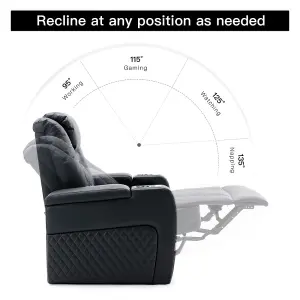 Broadway Cinema Electric Recliner Chair USB Charging Led Base (Black w White Stitching)