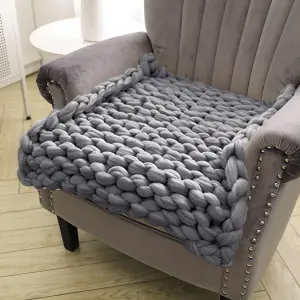 Grey Soft Chunky Knitted Throw Blanket Sofa Bed Blanket Handwoven Home Decor 60cm L x 60cm W