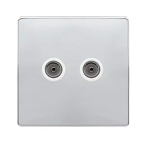 Polished Chrome Screwless Plate 2 Gang Twin Coaxial TV Socket - White Trim - SE Home