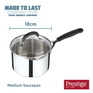 Prestige Made to Last Silver Round Stainless Steel Dishwasher Safe Saucepan with Double Sided Straining Lids 18cm, 1.9L