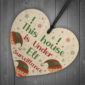 Elf Sign Elf Accessories Wood Heart Under Elf Surveillance Christmas Decoration Gift