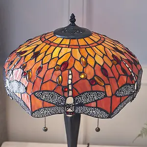 Luminosa Dragonfly 2 Light Medium Table Lamp Dark Bronze, Yellow, Tiffany Style Glass, E27