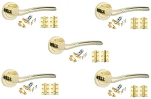 5 Set Indiana Door Handles Set Ball Bearing Hinges and Latches Polished Brass Finish