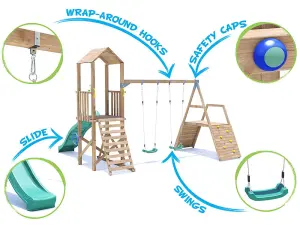 Dunster House Wooden Climbing Frame with Two Swings, Climbing Wall & Slide BalconyFort Low Platform