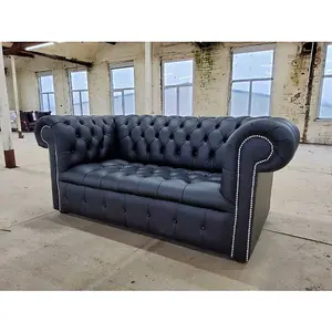 Chesterfield 2 Seater Buttoned Seat Silver Stud Sofa Black Real Leather In Classic Style