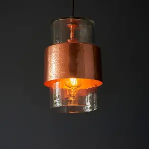 Luminosa Palermo Slim Pendant Ceiling Light Hammered Copper Plate, Textured Clear Glass