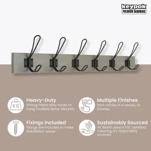 keypak Rustic Wall Mounted Coat Rack, Vintage Double Wire Coat Hooks on Wooden Base, Fixings Included (6 Hooks, Light Grey Ash)