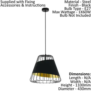 Hanging Ceiling Pendant Light Black Wire & Gold 1x 60W E27 Feature Lamp