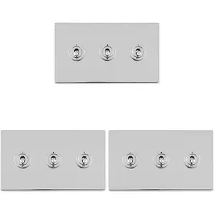 3 PACK 3 Gang Triple Retro Toggle Light Switch SCREWLESS CHROME 10A 2 Way Plate