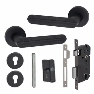 1 Pair Modern Lima Euro Lock Door Handles, 70mm Key & Key Barrell Matt Black Finish - Golden Grace