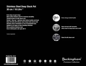 Buckingham Premium Induction Stainless Steel Stock Pot, 30 cm, 16 L