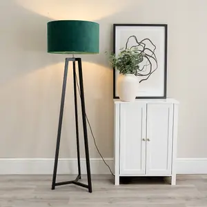 ValueLights Lottie Black Wood Tripod Floor Lamp with Forest Green Velvet Drum Shade - LED Bulb Included