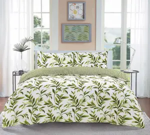 Ellie Green Watercolour Leaves Duvet Cover Set Striped Reverse Fully Reversible Bedding - Super King