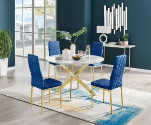 Furniturebox UK Novara White Marble Gold Leg 120cm Round Dining Table & 4 Navy Velvet Milan Gold Leg Chairs