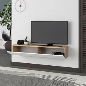 Decortie Francy Modern TV Unit Multimedia Centre 135 Oak White with Storage TV Cabinet 135cm