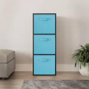 URBNLIVING 80cm Height 3 Cube Black Wooden Shelves Cubes Cupboard Storage Units With Sky Blue Drawer Insert