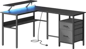 VASAGLE L-Shaped Desk with Power Outlets, Corner Desk, Computer Desk with Monitor Shelf, Gaming Desk with LED Lights, Ebony Black