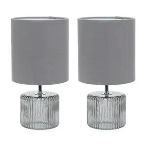 ValueLights Betty Pair of Grey Smoke Tinted Glass Table Lamps with Grey Lamp Shades