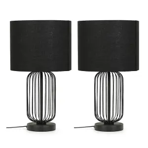 ValueLights Gabbia Pair of Black Wire Cage Metal Bedside Dimmer Touch Table Lamps with Fabric Drum Lampshade