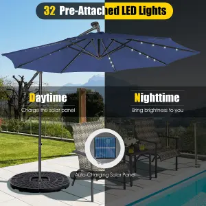 Costway 3 x 3m Cantilever Parasol Backyard Patio Offset Umbrella w/ 32 Solar-Powered LED Lights