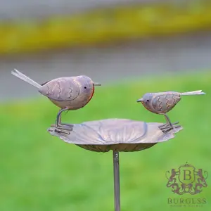 Robin on Flower Bird Feeder Bath Outdoor Metal Garden Ornament