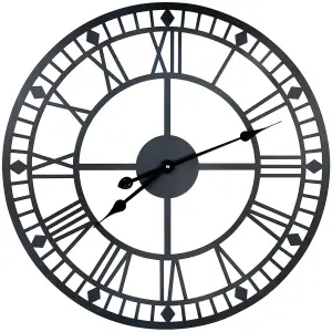 Black Open Face 24" Roman Numeral Indoor or Outdoor Clock - Battery Powered Metal Wall Fence Clock for Home or Garden - 60cm Dia