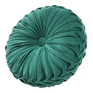 Green Modern Round Pumpkin Pleated Velvet Throw Pillow Sofa Cushion Dia 45 cm