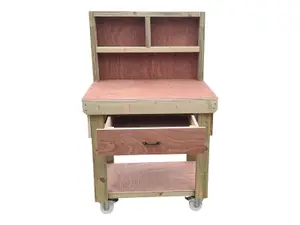 Wooden Eucalyptus hardwood top workbench, tool cabinet with drawer (V.1) (H-90cm, D-70cm, L-90cm) with back and wheels