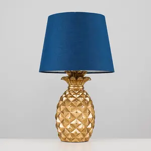 ValueLights Contemporary Pineapple Design Gold Effect Table Lamp With Navy Blue Shade