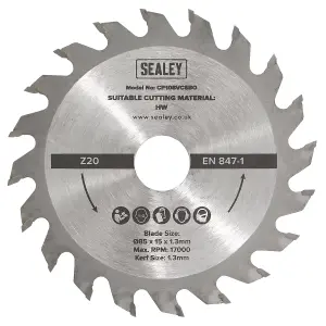 Sealey Circular Saw Blade Diameter 85 x 15 x 1.3mm 20tpu Tungsten Carbide Tip SM85B20