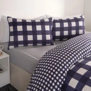 Gingham Duvet Cover Reversible Bedding Set, Navy - King