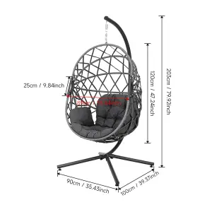 Dark Grey Foldable Single Rattan Egg Chair Swing Chair Hanging Basket with Metal Bracket and Seat Cushion