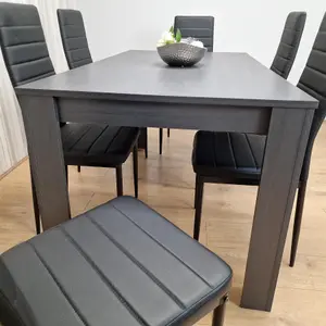 Dining Table and 6 Chairs  Black Dark Grey 6 Black Leather Chairs Wood Dining Set Furniture