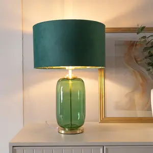 ValueLights Leigh Forest Green and Gold Glass Table Lamp with Green Velvet and Gold Inner Shade with LED Bulb