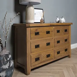 Elm Home And Garden Wide 6 drawer Chest Of Rustic Oak Drawers 78cm High x 128cm Wide x 40cm Deep