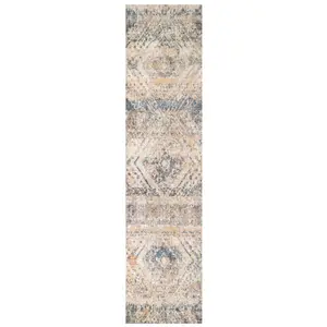 Blue Beige Distressed Diamond Soft Runner Rug 60x240cm