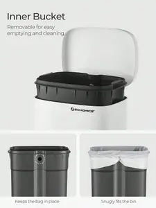 SONGMICS Kitchen Bin 30L, Pedal Bin, Rubbish Bin With Soft-Close Lid And Inner Bucket, Steel, White