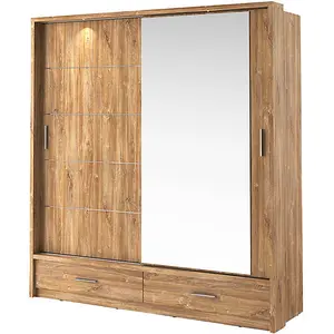 Lux V - Oak Sterling Sliding Door Mirrored Wardrobe with Shelves And Drawers (H2150mm W2000mm D600mm)