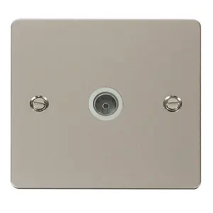 Flat Plate Pearl Nickel 1 Gang Single Coaxial TV Socket - White Trim - SE Home