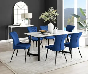 Furniturebox UK Carson White Marble Effect Dining Table & 6 Blue Nora Black Leg Chairs