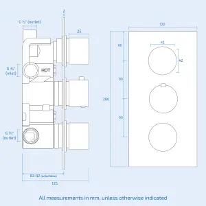 Flora Round 3 Way Concealed Thermostatic Shower Mixer Valve, Shower Head, Arm, Handset, Bath Spout Set Chrome