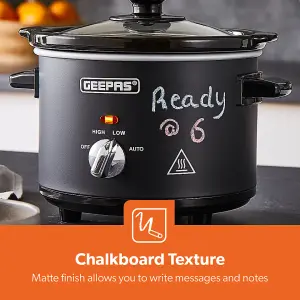 Geepas 1.5 Litre Slow Cooker 3 Temperature Settings, Removable Easy-Clean Ceramic Bowl Tempered Glass Lid & Cool Touch Handles