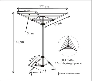 JVL 3 Arm Portable Free Standing Rotary Airer, 16 Metre, Grey 