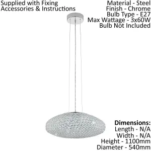 Pendant Ceiling Light Colour Chrome Plated Shade Clear Crystal Bulb E27 3x60W