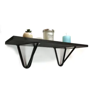 Solid Pine Rustical Shelf Black Ash Black Hairpin Bracket Style 20x60cm