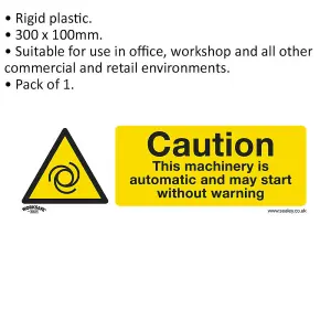 Caution Automatic Machinery Safety Sign - Rigid Plastic 300mm x 100mm Warning Sign for Workplace