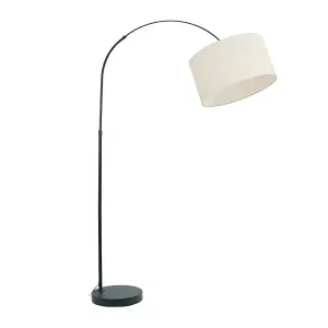 ValueLights Louis Black Arched Curved Floor Lamp with White Fabric Drum Lamp Shade and LED Bulb