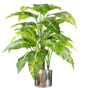 100cm Large Fox's Aglaonema (Spotted Evergreen) Tree Artificial Plant with Silver Metal Planter