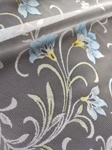 Home Curtains Bella Coloured Floral Net 300w x 137d CM Cut Lace Panel Blue